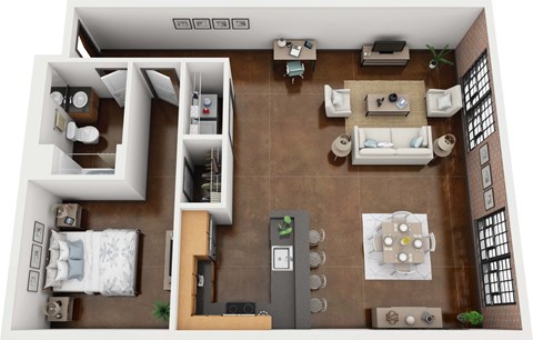 Floor plan for 1 bed, 1 bath, 851 sqft